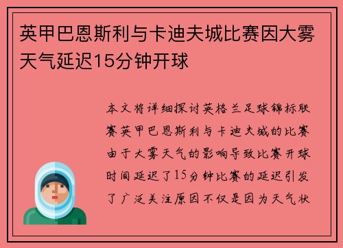 英甲巴恩斯利与卡迪夫城比赛因大雾天气延迟15分钟开球 英甲巴恩斯利与卡迪夫城比赛因大雾天气延迟15分钟开球